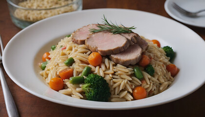 orzo with pork and vegetables on a plate