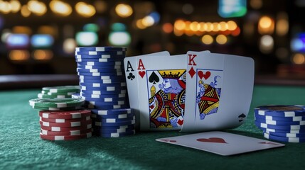 Casino poker game with ace and king cards and poker chips on green table.