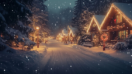 Obraz premium Festive Christmas village with snow and holiday lights at night