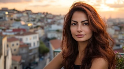 Fototapeta premium Confident young woman with auburn hair, posing against a cityscape background at sunset.