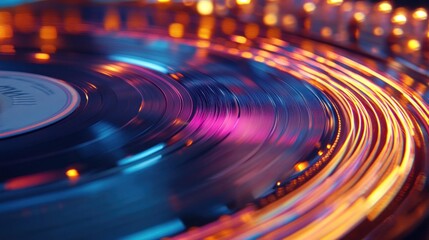 Obraz premium Spinning vinyl record with vibrant neon light trails.