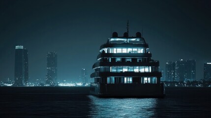 Fototapeta premium Luxurious yacht at night, illuminated against a city skyline.
