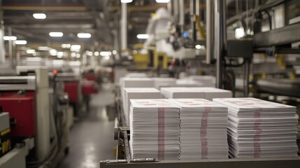 Fototapeta premium Stacks of printed materials on a conveyor belt in a large factory.