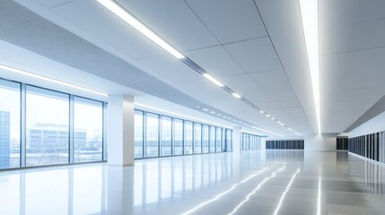 Obraz premium Empty modern office space with large windows and bright lighting.