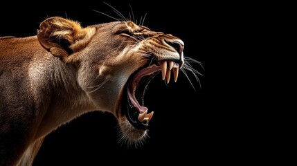 Fototapeta premium Close-up profile of a roaring lioness against a black background, showcasing its teeth and mane.