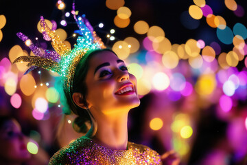 minimalist photo, float with participants glowing under golden lights, purple and green beams reflecting on their costumes 