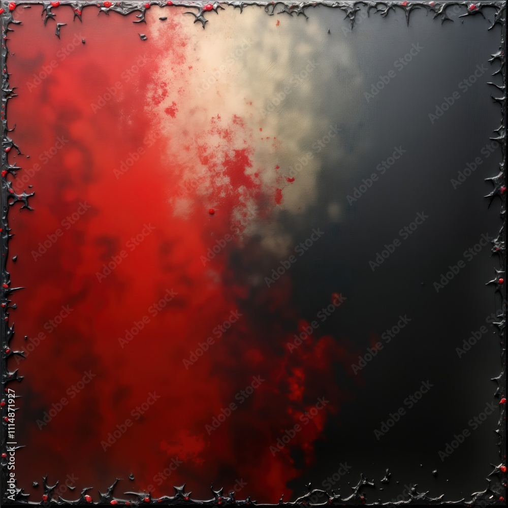 Poster Dark red grunge abstract art. Red, dark colors mix together with abstract pattern. Empty space on textured background. Vintage style. Unique artistic creation. Old style design. Unique design. Great