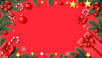 pine leaf tree gift box christmas red background copy space