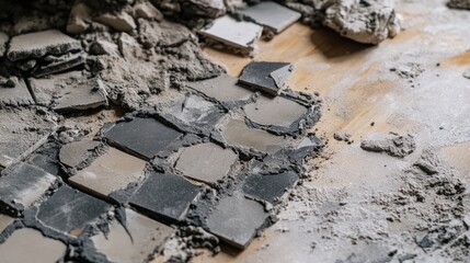 Broken Tiles and Dust on Wooden Floor During Home Renovation Process