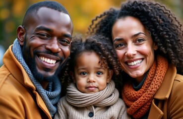 Fototapeta premium Multiracial family posing outdoors in autumn fashion. Parents, child smiling happily. Wear warm coats, scarves. Autumn leaves in background. Family portrait. Warm, joyful atmosphere. Happy family