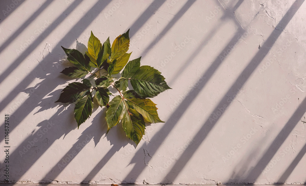 Aufkleber leaf is laying on a white surface. the leaf is green and has a shadow on the ground