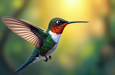 Fototapeta premium Adorable hummingbird with colorful plumage flies in nature. Tiny beak, vivid colors. Wild bird in natural habitat. Close-up illustration shows detail of feathers. Daytime scene with blurred