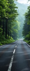 Fototapeta premium A solitary asphalt road winding its way through a dense mountain forest, rugged terrain, , solitude, emptiness
