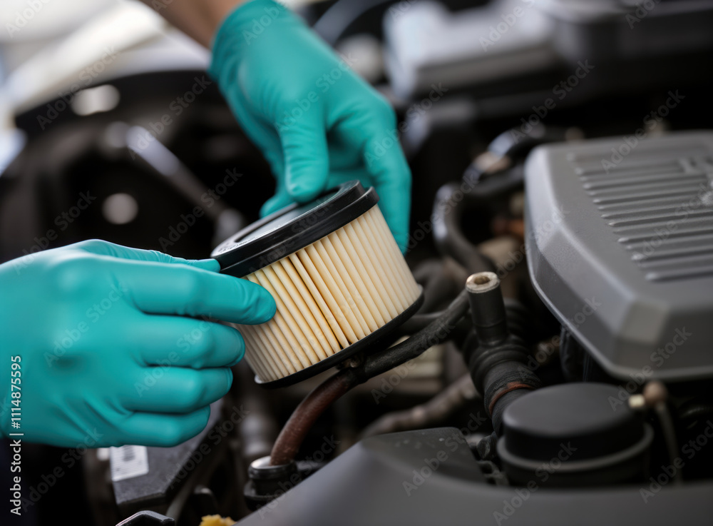 Poster Mechanic in garage works on car engine. Close-up view of hands in gloves replacing air filter. Automotive repair service in progress. Professional maintenance job in workshop. Auto industry