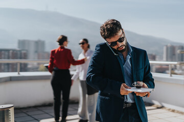 A business professional multitasks on a rooftop, talking on the phone with a tablet in hand. In the...