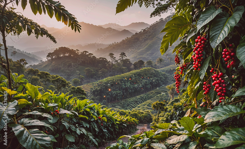 Poster mountain range with a forest in the background. the forest is full of green trees and bushes