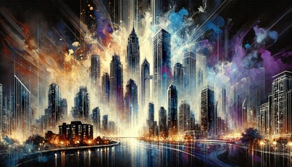 Obraz premium Vibrant Cityscape Modern Architecture Urban Night Artistic Painting