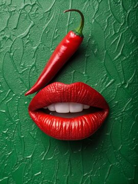 Creative fusion of red lips and chili pepper on green artistic background