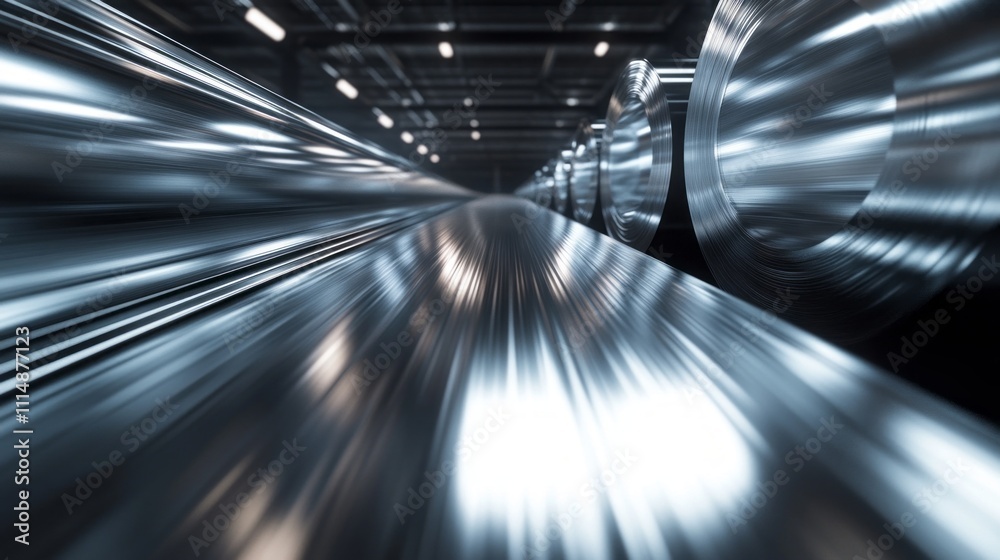 Poster in a dynamic industrial workspace, polished metal rolls gleam under bright overhead lights, showcasi