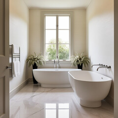 A serene bathroom interior design featuring creamy white walls, marble floors, and a large window allowing natural light to flood the space, with a...
