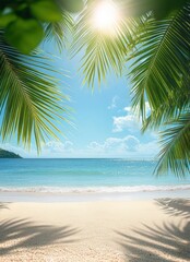 Fototapeta premium Tropical Beach Scene with Palm Leaves Golden Sand Bright Sunshine and Copy Space for Summer Vacation