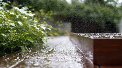Fototapeta premium Rain Falling on Green Plants and Wooden Surface in Natural Setting