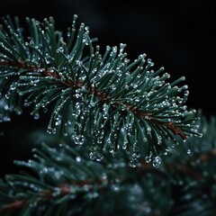 Atmospheric image of dew drops on pine needles with dark backdrop, cold, close-up, water droplets, moody, nature