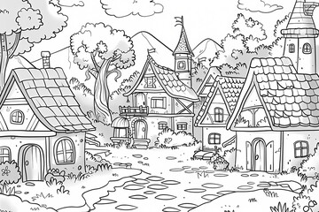 Obraz premium A charming black and white illustration of a whimsical village scene featuring quaint houses and lush trees, perfect for coloring fun.