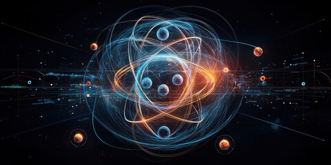 Obraz premium Quantum Mechanics and Electron Cloud. Abstract representation of an atom, featuring orbiting electrons and a glowing core, symbolizing energy and scientific exploration.