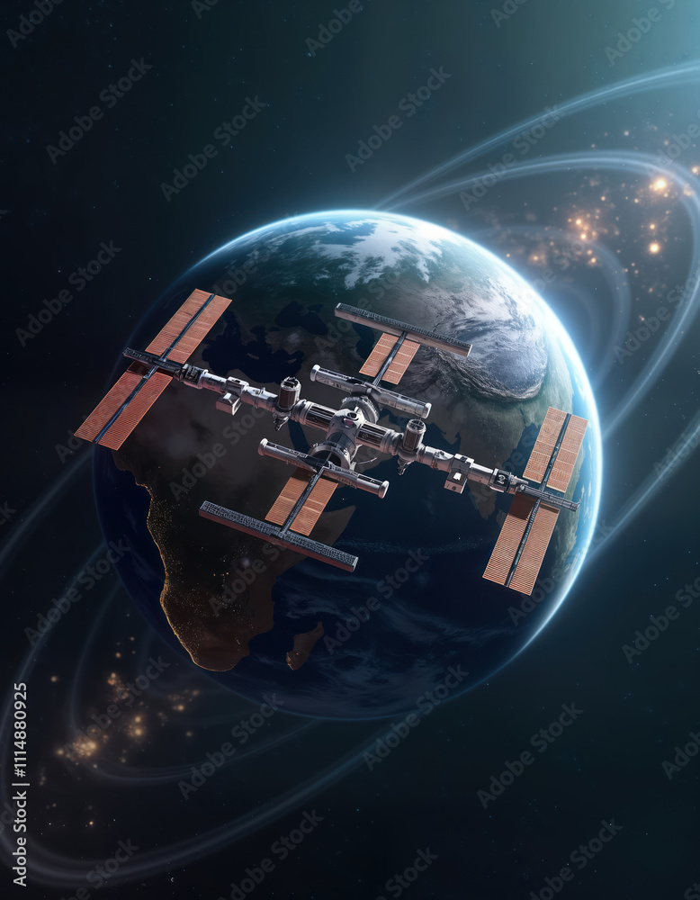 Poster Space station orbits Earth in space. Advanced tech station shown in realistic 3d visualization. Futuristic design of orbiting space platform. Stunning tech concept image. Stunning illustration of