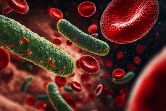 Pathogenic bacteria invade the bloodstream with red blood cells, illustrating septicemia and sepsis mechanisms at a microscopic level