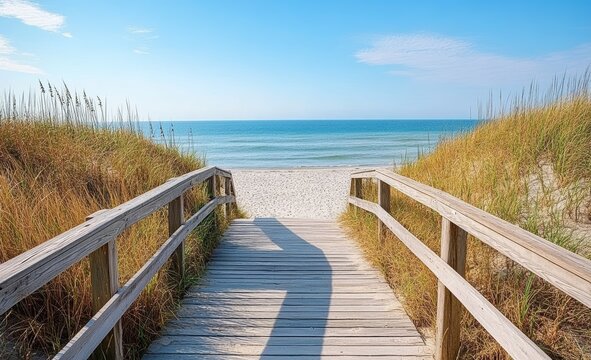 Wooden boardwalk pathway to serene beach with golden grass under clear blue sky - Powered by Adobe