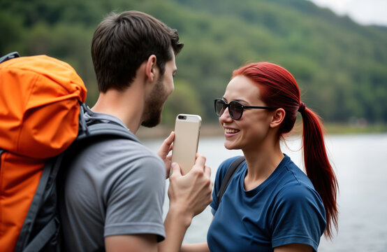 Happy couple takes photos by river. Woman with red hair, sunglasses smiling taking pictures of man. Orange backpack. Stand near calm river with green backdrop. Couple enjoys vacation. Enjoying