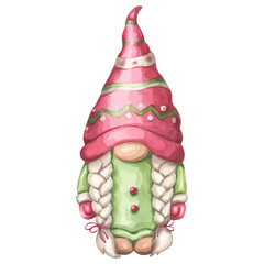 Cute Christmas gnome girl with pigtailed, red hat and green dress. A magical Scandinavian character for the New Year. Hand draw watercolor illustration isolated on white background. Perfect postcard