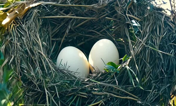 Cinematic shoot of two egss in a nest amidst green foliage tree