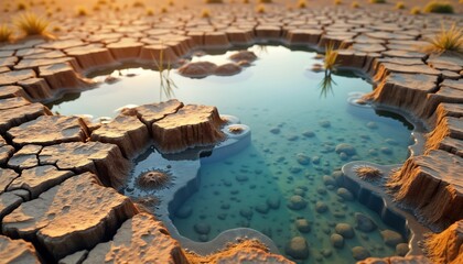 Obraz premium Dry cracked earth forms small pools of water. Scarce water source in arid landscape. Climate crisis impact on land. Nature struggle, resilience. Hostile terrain shows vulnerability. Global warming