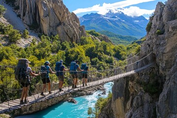 Group of hikers on a suspension bridge in rugged mountain landscape