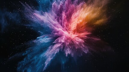 Cosmic Burst of Color: A vibrant explosion of pink, blue, and orange powder against a backdrop of twinkling stars evokes a sense of awe and wonder.