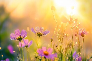 Fototapeta premium Morning dew on vibrant pink wildflowers in sunny meadow