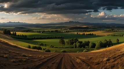 Fototapeta premium Dramatic sunset over rolling hills and farmland. (1)