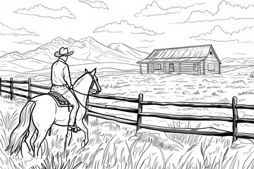A cowboy on horseback gazes at a rustic cabin amidst a scenic mountain landscape, evoking a sense of adventure and tranquility.