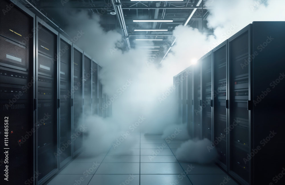 Poster smoke fills server room. dark tech equipment surrounded by dense haze. danger lurks within data cent