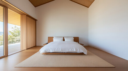 Zen inspired bedroom with tatami mats, wooden bed frame, and minimal decor creates serene atmosphere. Perfect for relaxation and tranquility