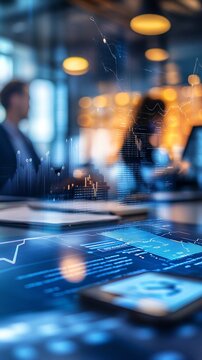 Business team discussing financial graphs and charts in an office setting, symbolizing corporate discussions. A device on a table features a company logo against a blurred background 