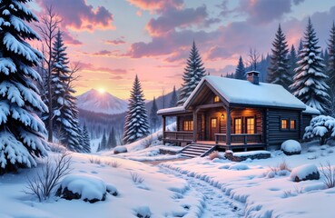 Fototapeta premium Snowy winter scene with cozy log cabin nestled in forest. Warm light shines from windows. Peaceful atmosphere at sunrise in snowy landscape. Mountain background. Perfect wintertime rural scene.
