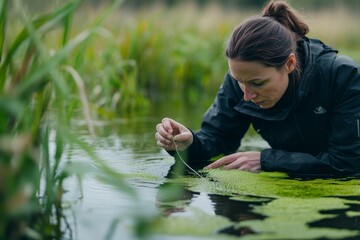 Female scientist conducts water research in wetland environment