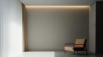 Minimalist living space featuring low profile furniture and natural light. soft tones and clean lines create serene atmosphere, perfect for relaxation