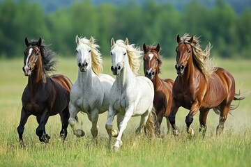Obraz premium Wild horses galloping through lush green field under a clear sky