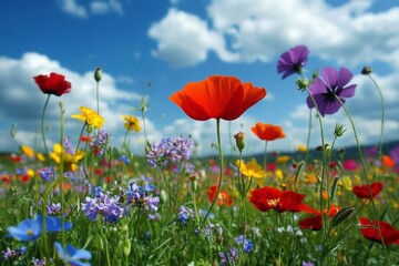 Vibrant wildflower field under bright blue sky with white clouds