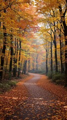 Fototapeta premium A winding path leads through a forest filled with fallen autumn leaves, scenery, landscape